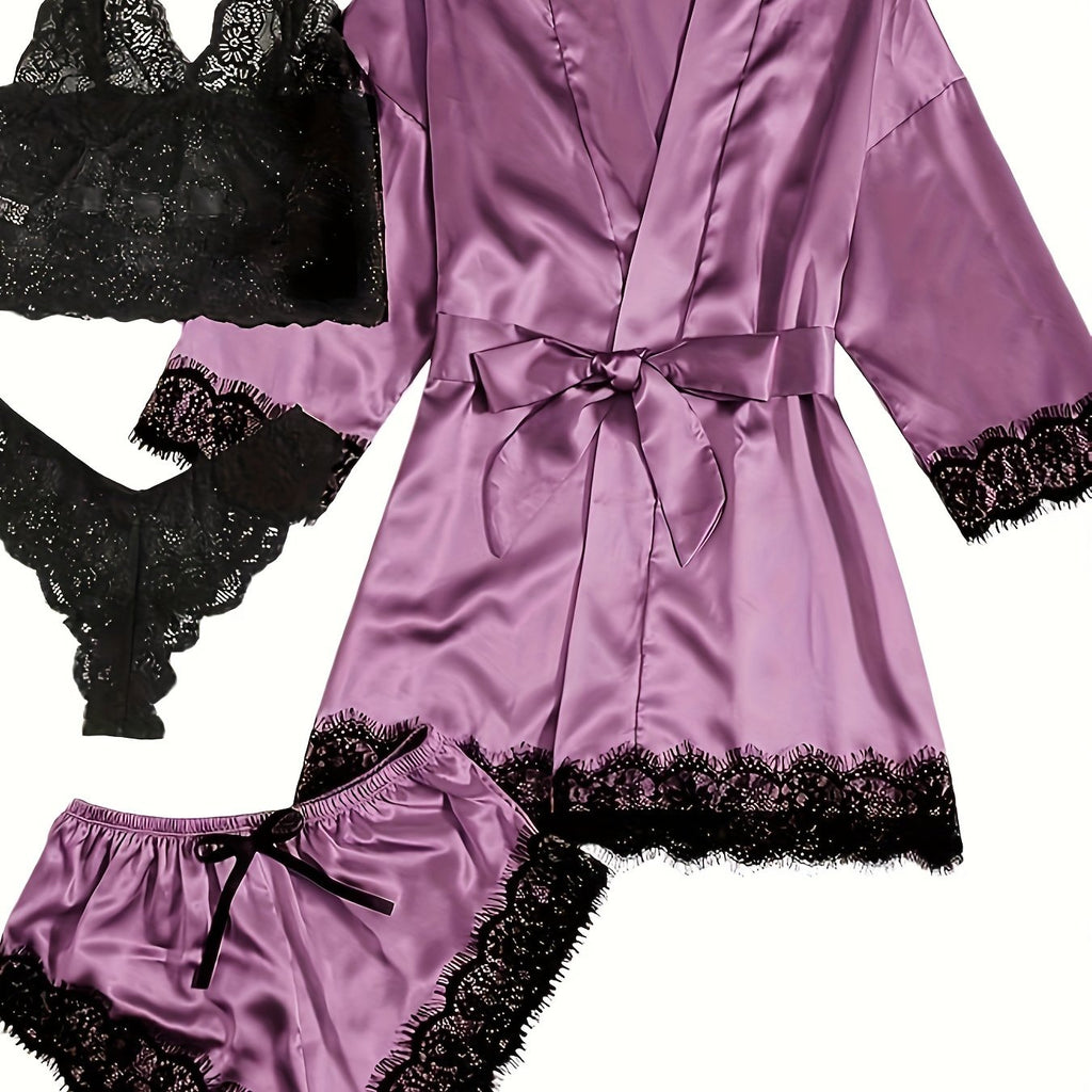Aurora – Satin Lace Lounge Set with Kimono & Shorts